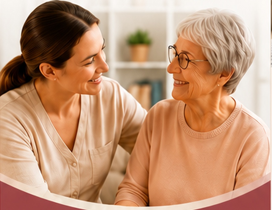 Eine Betreuerin im Gespräch mit einer Seniorin